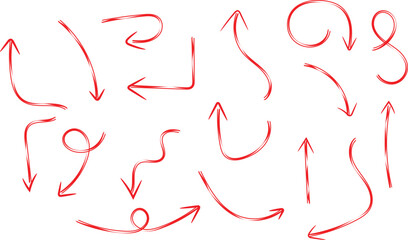 Collection of various hand drawn doodle icons and abstract red sketchy symbols for design elements.