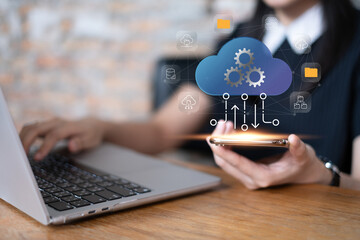 Businessman using cloud data backup storage server transfer document and file online download upload, futuristic information network technology concept