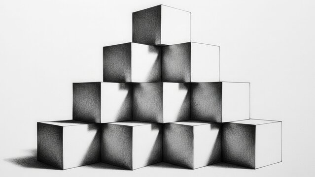 Pyramid of Cubes, Geometric Shapes, 3D Abstract Art, Light and Shadow, Minimalist Design