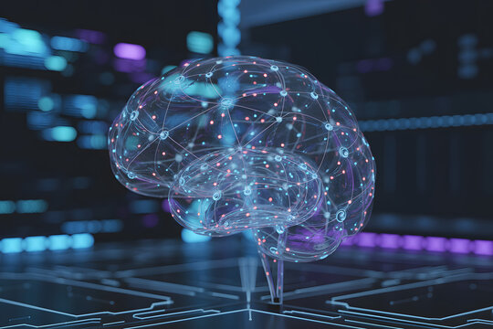 Illuminated neural network brain on digital interface - Powered by Adobe