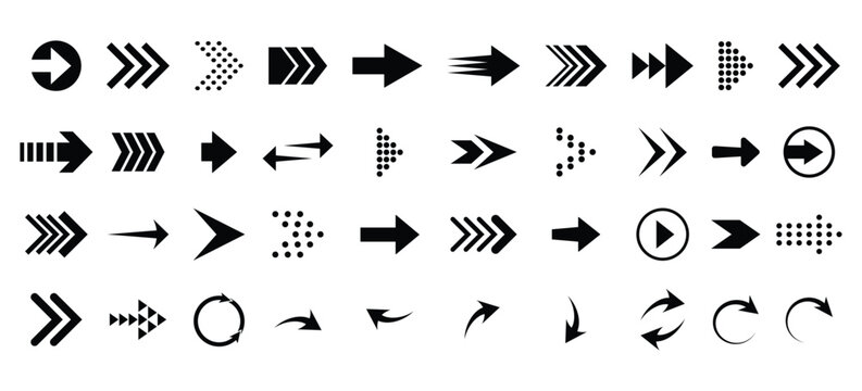 A set of 40 black arrows icons. Arrow. Arrow icon. Arrows vector icon. Cursor, Click. Modern simple arrows. Vector illustration. Arrow icon pack.