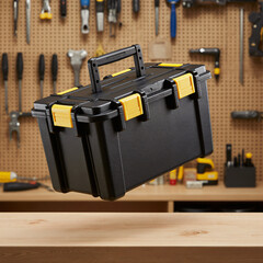 Caixa preta e pl&aacute;stica de ferramentas flutuando sobre um balc&atilde;o na loja de ferramentas.