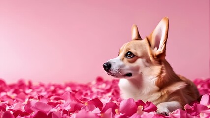 Love. Valentines day. Mothers day theme. A closeup of a corgi dog surrounded by pink rose petals. The dogs face is partially obscured by the petals, with its ears perked up and eyes wide open.