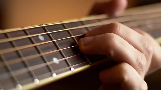 Close-up of a hand playing the strings of a wooden acoustic guitar.