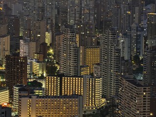 night city with illuminated buildings, urban skyline illuminated with glowing windows and vibrant © Vladimir
