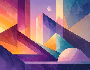 Abstract geometric landscape with warm hues, sharp lines, and dreamlike atmosphere evokes a modern, surreal horizon