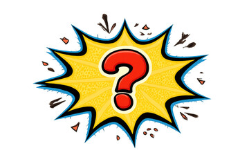Question mark in a pop art comic speech bubble, symbolizing asking, confusion, information, help, and ideas on transparent background