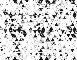Abstract geometric pattern with overlapping and scattered black and white triangles in various sizes