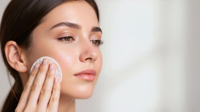 Young woman cleansing her face with a cotton pad. Skincare and beauty routine for healthy, glowing skin. Selfcare concept with copy space