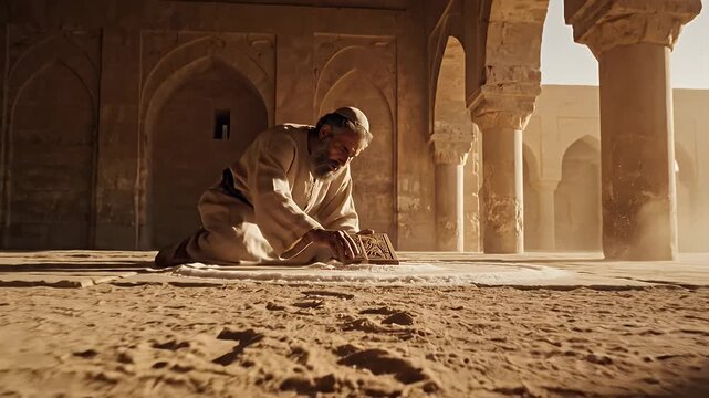 Ancient scholar reading a sacred book in a historical mosque setting.