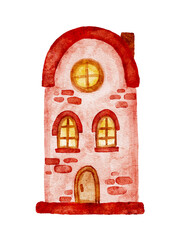 Watercolor hand painted cut red brick house isolated on white background.