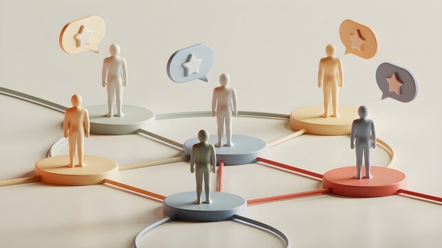 Miniature figures on interconnected colored platform linked by wire representing customer experience outsourcing and networked service delivery.