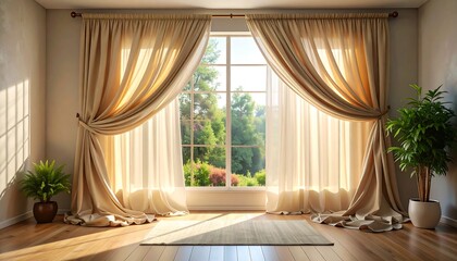 Bright, airy room with sunlight streaming through a large window, framed by elegant drapery and potted plants