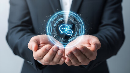 Businessman presenting digital holographic interface featuring glowing blue chat bubbles indicating customer support and technical assistance availability
