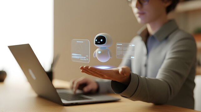 Person using laptop with hovering holographic robot assistant symbolizing agentic ai, autonomy, and task execution.