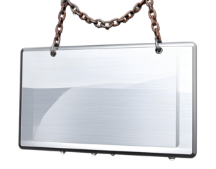 Photo of a metallic blank sign with a chain isolated on transparent background