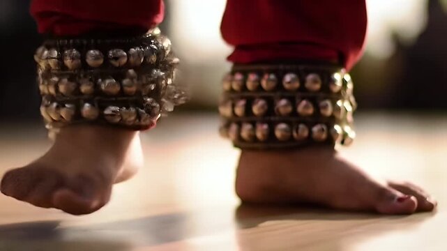 Close-up of classical Indian dancer's feet adorned with traditional ghungroo bells