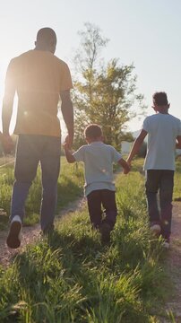 Rear view of an African American father and his three boys walking together holding hands along a meadow path