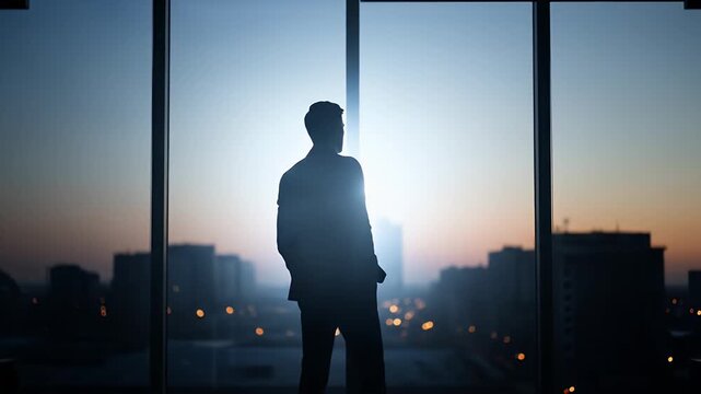 Silhouette of ambitious businessman gazing at city skyline in contemplation