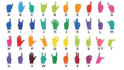 A colorful chart of hand signs for the alphabet in American Sign Language