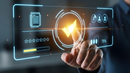 Man interacting with virtual screen displaying a digital review and approval process