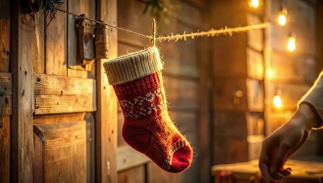 Festive Christmas stocking hanging by rustic wooden door with warm lights