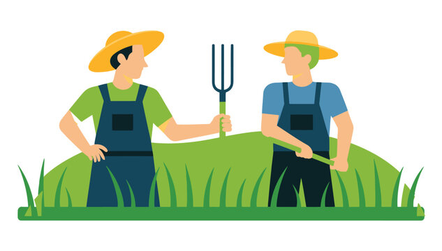 Two farmers in straw hats and overalls working together in a lush green field. - Powered by Adobe