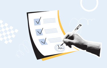 Fototapeta na wymiar Business agreement and document design concept. Person s hand signing a contract with a pen. Modern vector collage in halftone isolated on blue background.
