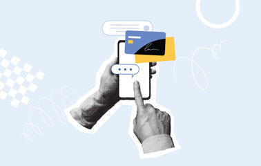 Mobile payments and online communication concept. Hands using a smartphone with a chat message and payment cards. Halftone collage vector illustration. Mobile payments and online communication concept