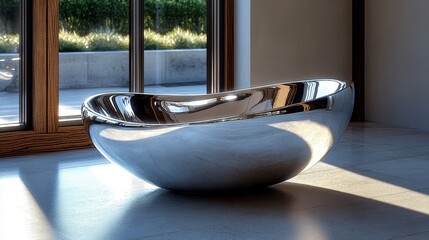 A large, reflective metal bowl rests on a polished concrete surface within a contemporary interior space illuminated by natural light.