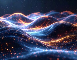 Abstract glowing waves flow, shimmering with orange and blue particle lights