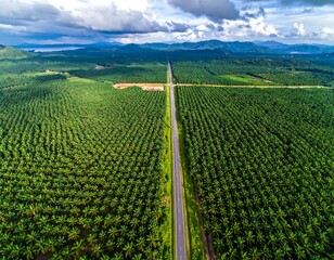 Aerial view of rows of trees and a highway leading to mountains under a cloudy sky