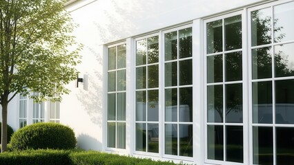 Modern large white windows on the exterior of a contemporary white building with green landscaping in bright sunlight.