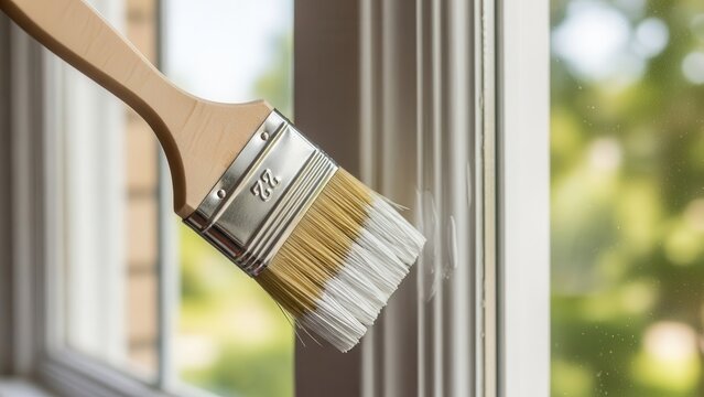 Close-up of a paintbrush applying white paint to a window frame during home renovation