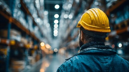 Rear view of a factory worker wearing a blue uniform and yellow hard hat looking out over a vast industrial warehouse with shelving.
