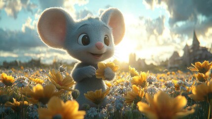 Naklejka premium Cute mouse in flower field, sunset backdrop