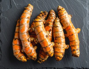 Close-up shot of several vibrant, orange-hued rhizomes arranged on a textured, dark gray surface. Their irregular shapes and segments are visible