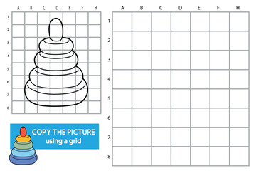 Kids worksheet with a cute stacking ring toy pyramid. Copy the picture using a grid activity for children. Black and white line art with empty grid for drawing practice, learning, education and fine m