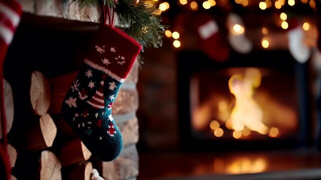 A closeup shot of a festive scene featuring a Christmas stocking hanging from a fireplace. The stocking is red with white snowflake patterns and red trim. The background is a warm.
