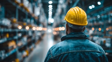 Rear view of a factory worker wearing a blue uniform and yellow hard hat looking out over a vast industrial warehouse with shelving.