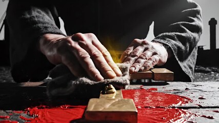 Mysterious craftsman working on a golden object with intense focus and detail.