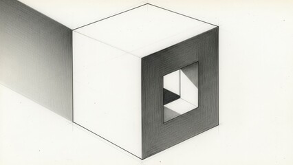 Geometric Illusion: Cube with Internal Square Hole and Shadow, Pencil Drawing