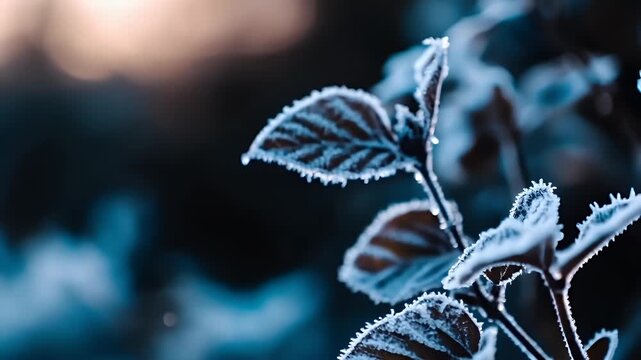 frosty leaves closeup with bokeh background.
