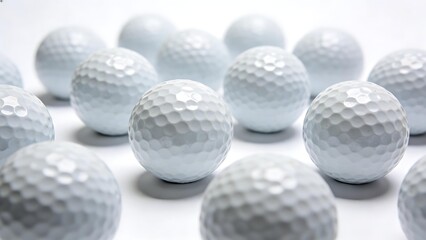 dimple. Multiple golf balls arranged in a detailed pattern on a white surface. product launch decks, UI/UX mockups, designed for data visualization dashboards and holographic UIs.