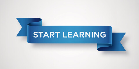 Blue ribbon banner with white text STARTLEARNING on white background start learning