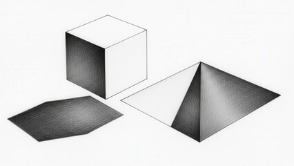 Geometric Shapes Drawing: Cube, Pyramid, Hexagon with Shadows, Sketch Style