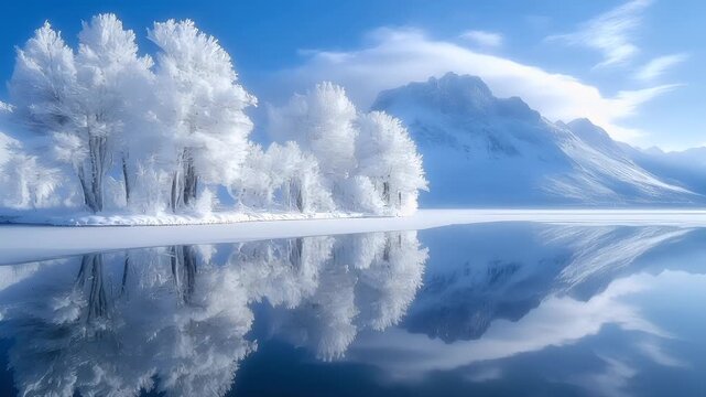 Aerial view of snowcovered trees reflected in calm lake, with mountains in the background. The scene is dominated by cool tones, with the trees appearing white and the water reflecting a blue hue.