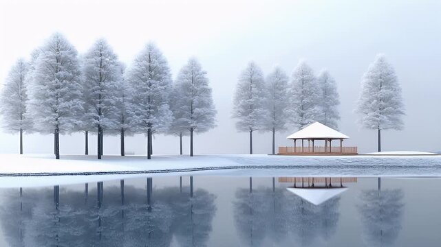 A serene winter landscape with a tranquil body of water reflecting the surrounding trees and a gazebo. The scene is devoid of any human presence, emphasizing the untouched beauty of nature.