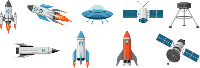 Set of flat space exploration icons with colorful rockets, UFO, orbital satellites, and lunar lander vector illustrations for science designs. © rakib's world