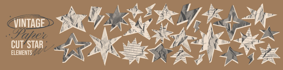 Vintage beige paper cut star elements with crumpled halftone texture. Bold irregular shapes with lined or grid patterns. Collage scrapbook magazine spark, lightning, twinkle silhouettes.